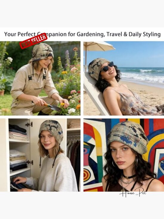 Patchwork Graffiti Print Cotton Slouchy Beanie with Ties, Cottagecore Gardening